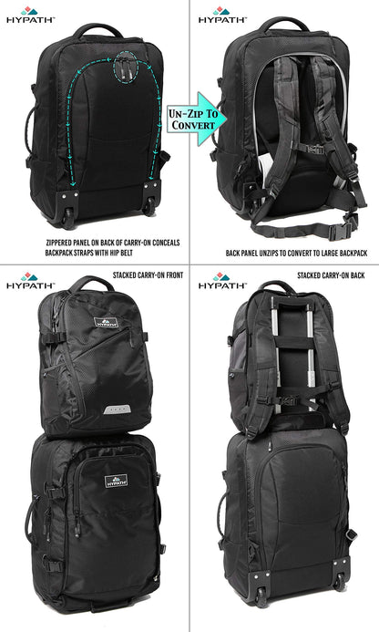 Hypath 2-in-1 Convertible Travel Bag - Use as Backpack with Wheels, Wheeled Carry On, or Stacked Rolling Luggage - Comes with Detachable Daypack - New Upgrades Here
