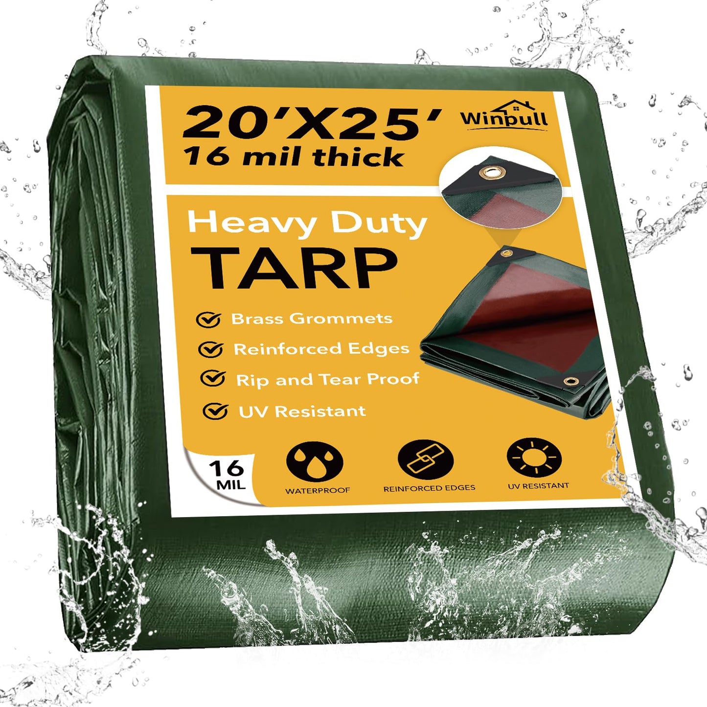 Winpull Tarp 20x25FT, 16 Mil Heavy Duty Waterproof Tarp, Large Multipurpose Cover with Brass Grommets and Reinforced Edges, UV Resistant Thick Poly Tarps for Pool Car Tent Green