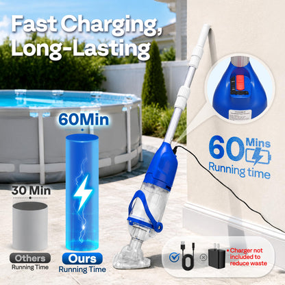 VIVOHOME Handheld Pool Vacuum 13.2 GPM Suction Cordless Pool Cleaner 20W Powerful Motor Long-Run 60min Battery, Adjustable Pole for Above Ground & In-Ground Pools, Spas - Blue