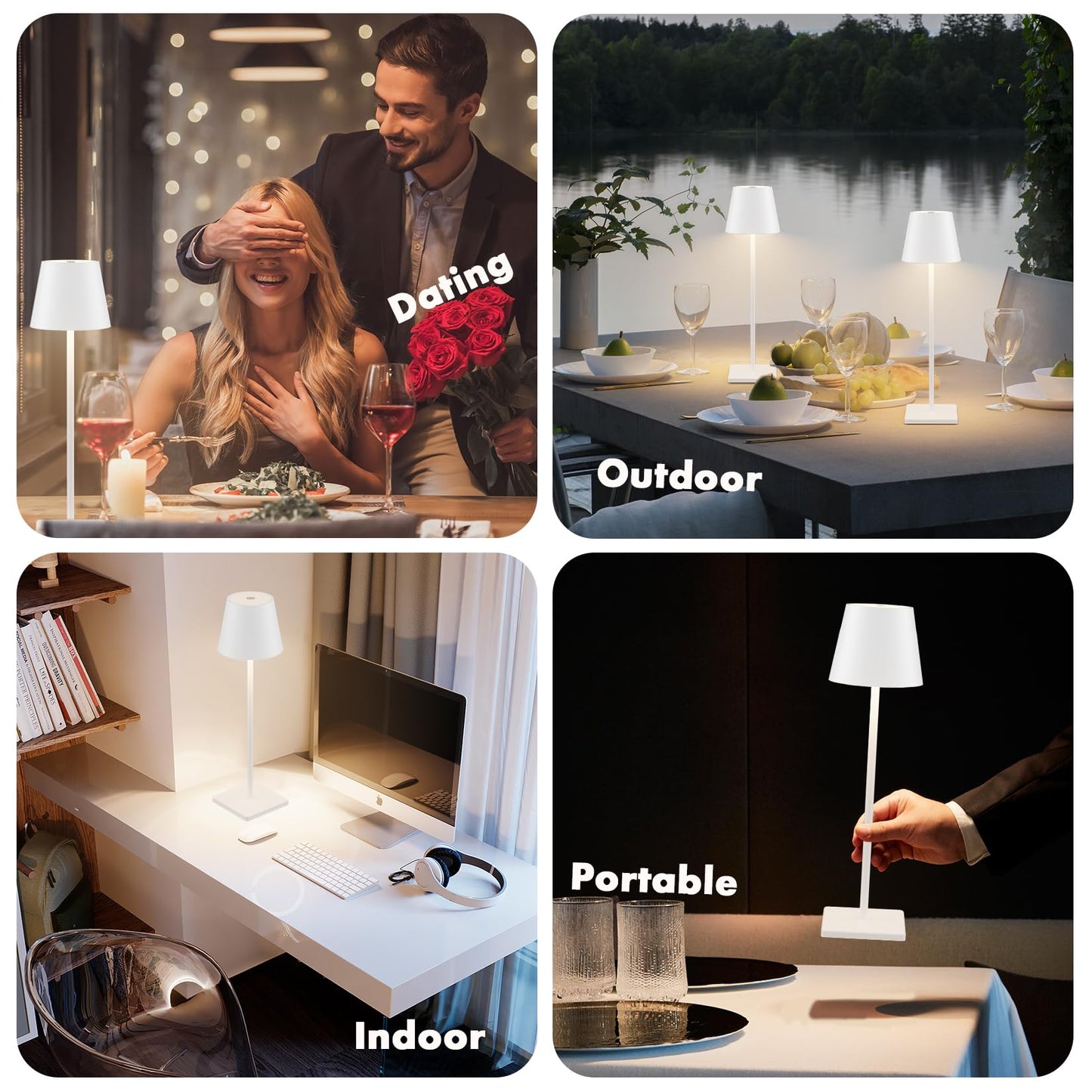Aoceley 4-Pack Rechargeable Table Lamps, LED Cordless Table Lamp, 3W 6000mAh Battery Operated Table Light, Stepless Dimming Portable Table Light Waterproof for Restaurant/Indoor/Outdoor (White)
