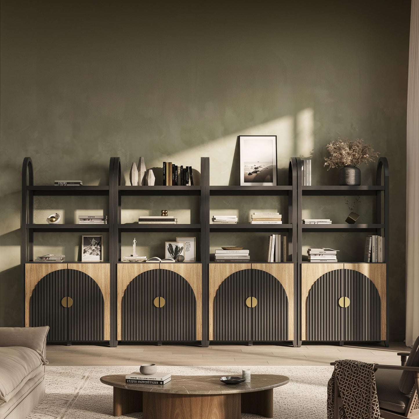 BELLEZE Book Shelf 72" Tall Arched Bookcase with Storage, 5 Tier Mid Century Modern Fluted Bookshelf with Doors, Modular Bookshelves for Living Room Office Library (Camel)