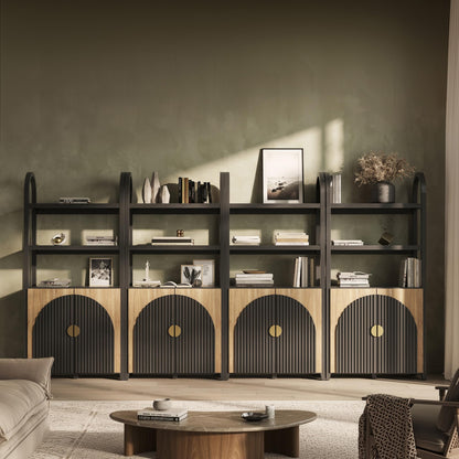 BELLEZE Book Shelf 72" Tall Arched Bookcase with Storage, 5 Tier Mid Century Modern Fluted Bookshelf with Doors, Modular Bookshelves for Living Room Office Library (Camel)
