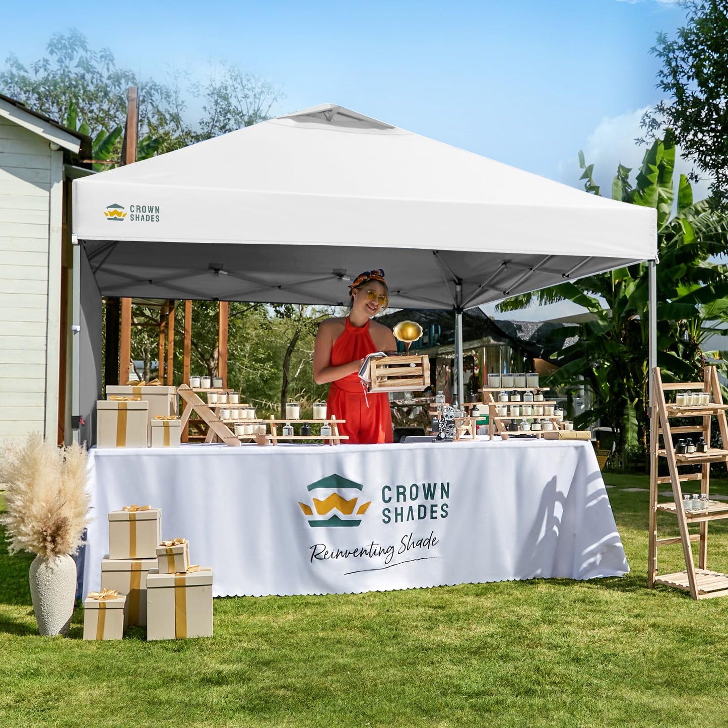 CROWN SHADES Pop Up Canopy with 1 Side Wall - Beach Tent with One Push Setup - Outdoor Sun Shade for Events, Parties, Camping - Gazebo with STO-N-Go Cover Bag, Grid White, 12x12FT