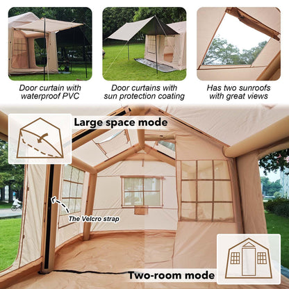 SENLEETO Large Inflatable Tent for Camping 10-12 Person, 10 * 13ft Inflatable Hot Tent with Stove Jack, Blow up Tents with Canopy,Easy Setup Inflatable Camping Tent,4 Season Glamping Tents