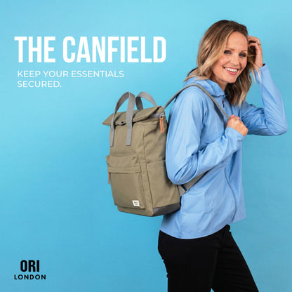 ORI LONDON Travel Backpack - Medium Nylon Rolltop Backpack for Men & Women with Multiple Pockets for Laptop, Phone, Keys, Wallet, Bottles - The Canfield, Taupe, 16.5x11.8x4.7”