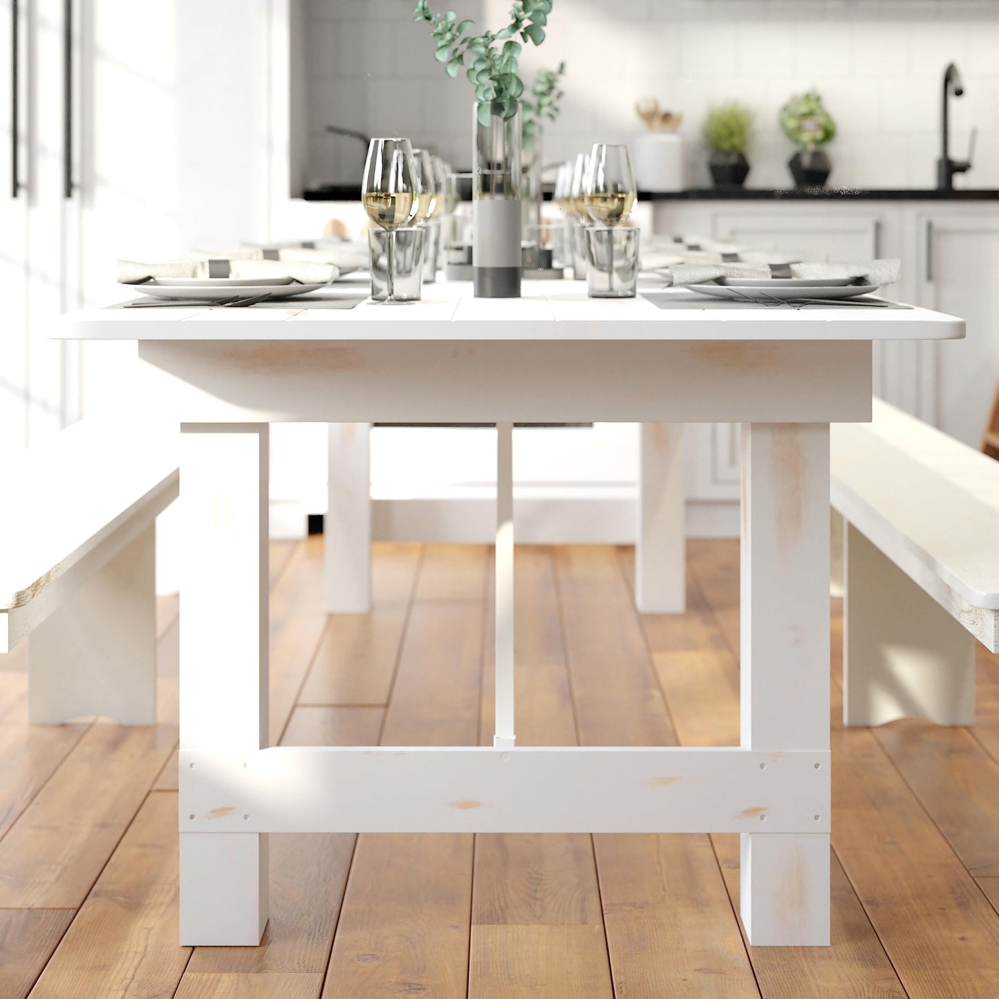 Flash Furniture Hercules Commercial Grade Farmhouse Dining Table | Solid Pine Foldable Table for 10 in Antique Rustic White | Rustic Charm for Home and Events