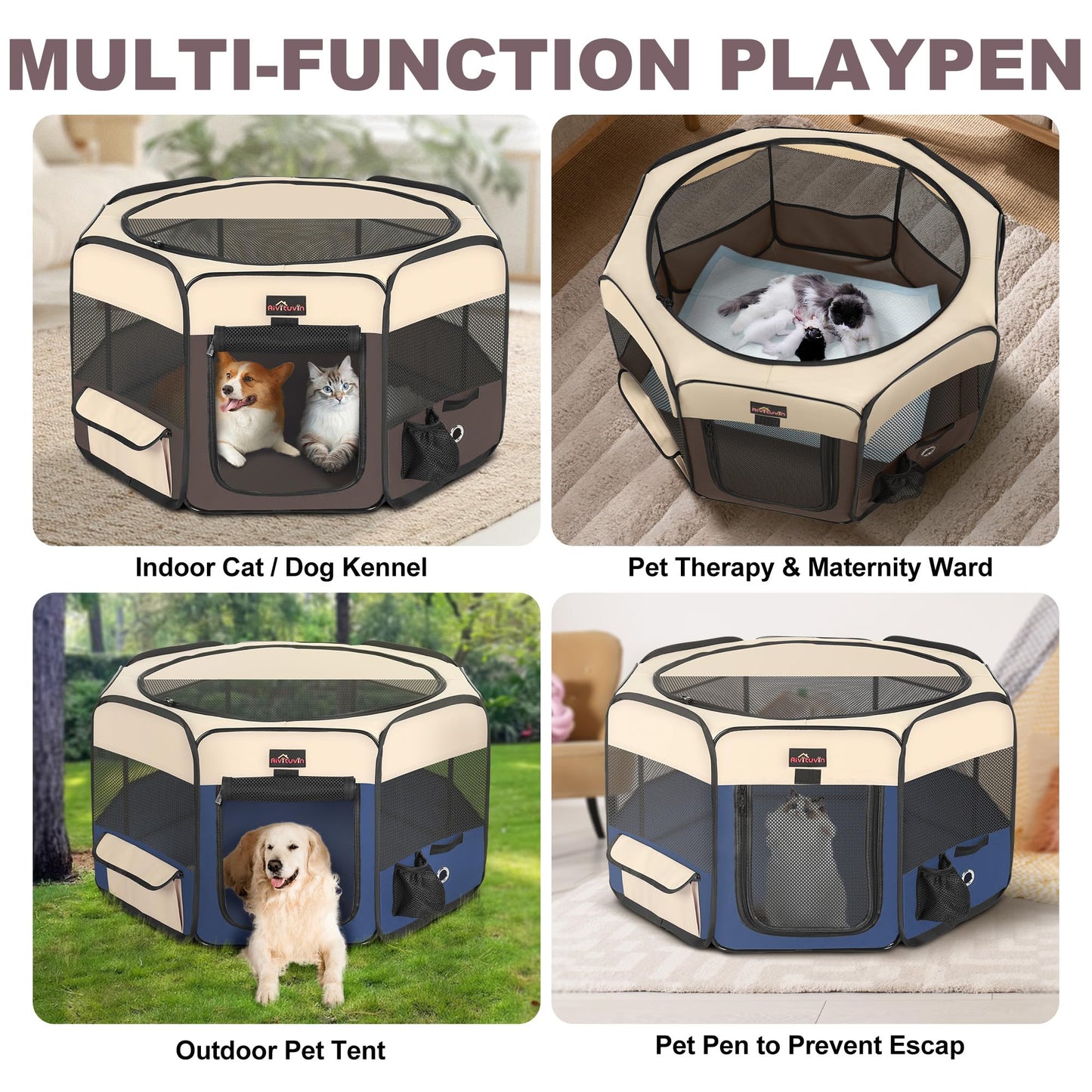 Aivituvin Dog Playpen Foldable Waterproof Pet Play Pens for Cat, Puppies, Rabbits, Chickens, Durable Portable Pet Tent for Travel Camping Indoor/Outdoor Brown XL