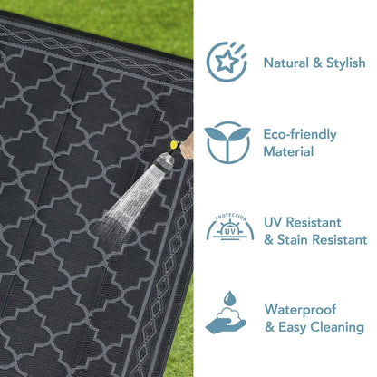 GlowSol Outdoor Rug 9x18 for Patios Waterproof Mat Outdoor Plastic Straw Rug Clearance, Reversible Carpet for Rv,Large Outside Carpet for Porch, Deck, Camper, Balcony, Backyard, Picnic,Black Grey