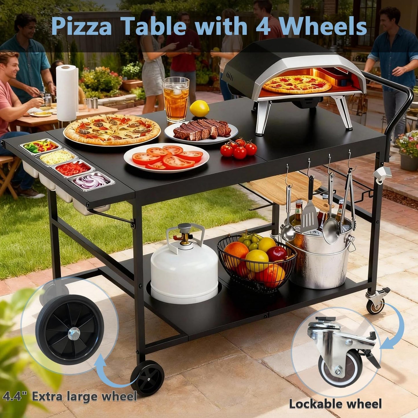 47" Outdoor Pizza Oven Table with Wheels, Pizza Oven Cart for Outside with Propane Tank Holder, Heavy Duty Pizza Oven Stand Prep Table for BBQ Patio Backyard Cooking