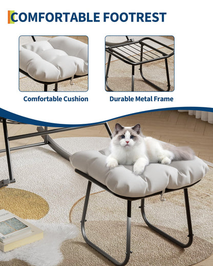 GarveeLife Outdoor Oversized Papasan Rocking Chair with Footrest, Patio Lounge Chair with Ottoman and Sturdy Metal Frame, Patio Egg Rocker for Balcony Backyard Porch Bedroom, White