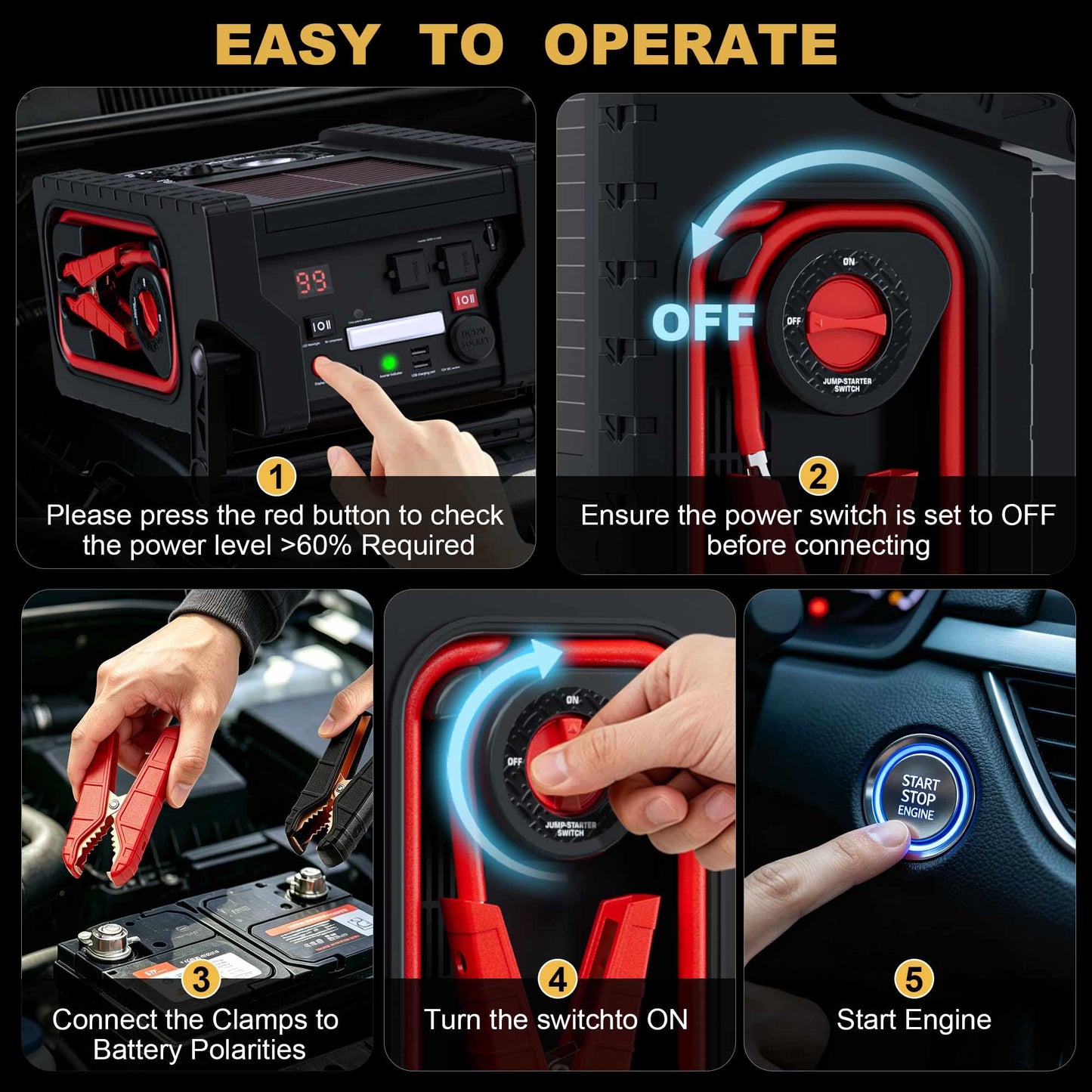 ZunDian 2000A Car Jump Starter & Battery Booster with Air Compressor – 12V Portable Car Starter for Trucks, SUVs, RVs & Cars – 400W AC Inverter, USB/DC Ports, LED Flashlight,Solar Charging