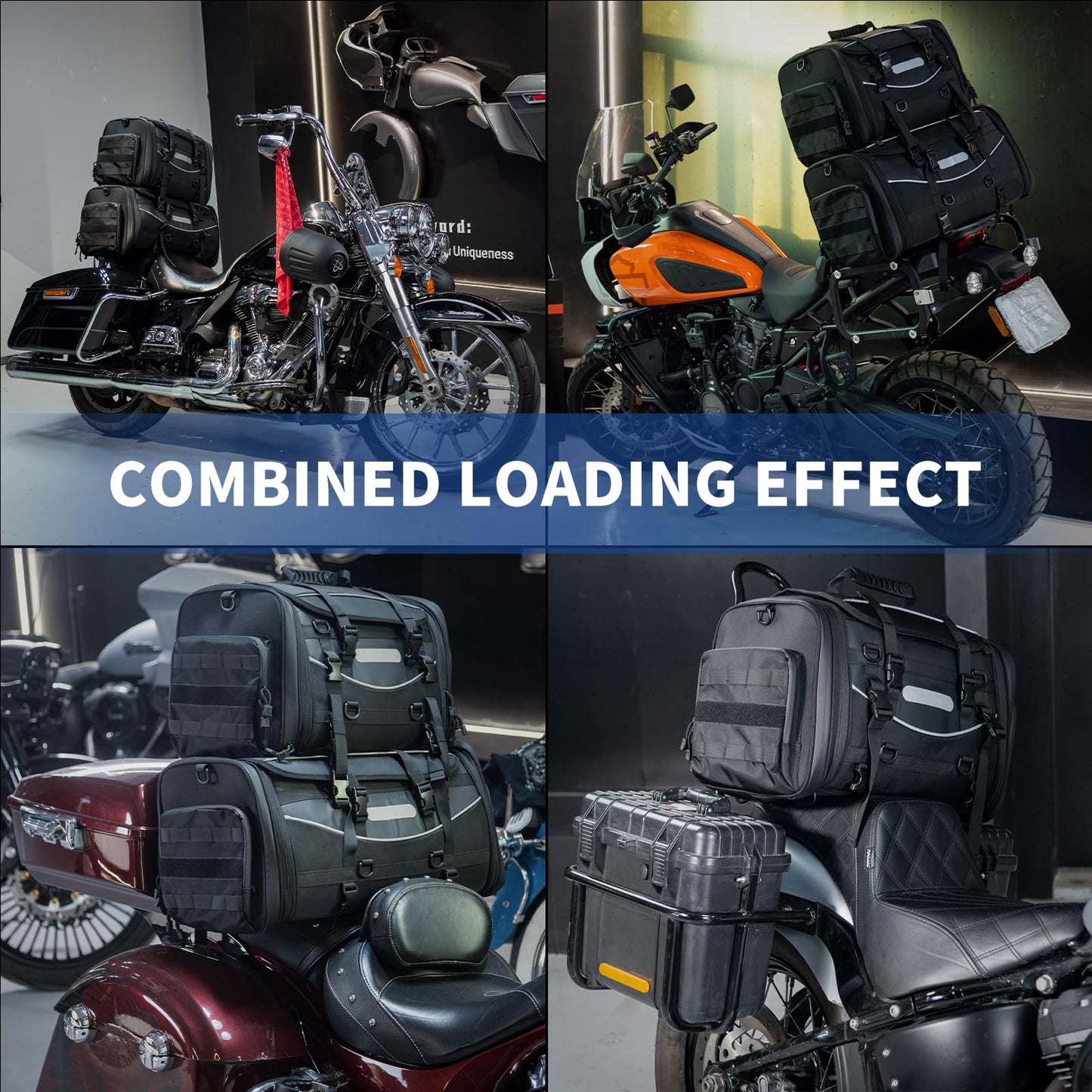 FVMOTO Universal Motorcycle Travel Luggage, Expandable Tail Bag 60-85L (15-22 Gallon), All Weather Rack Bag, Sissy Bar Bags, Helmet Bag, Tour Pack Bag Storage Backpack with 6 Straps, Waterproof cover