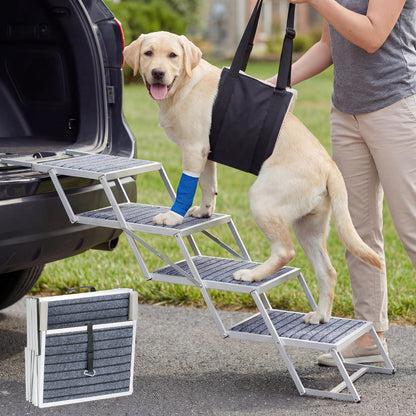 Veehoo Extra Wide Dog Steps for Car SUV Truck Foldable, 4 Steps Portable Aluminum Dog Stairs for Injured Senior Large Dogs 20" Wide, Heavy Duty Pet Ramp Ladder with Non Slip Surface, up to 170lbs
