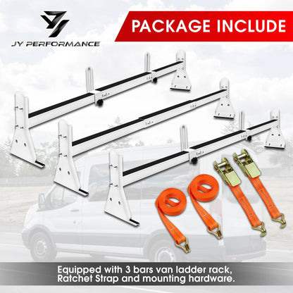 Ladder Rack for Van, Van Roof Rack Compatible with Chevy Express 1500 2500 3500 Ford Econoline GMC Savana Fullsize with Rain Gutter, Adjustable Length 57''-65'', 3 Bars, 800 Lbs, White