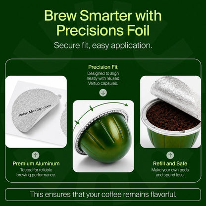 My-Cap Foil Seals for Nespresso Vertuo Pods - Reusable Aluminum Lids to Extend Life of Nespresso VertuoLine Capsules (Pack of 100)