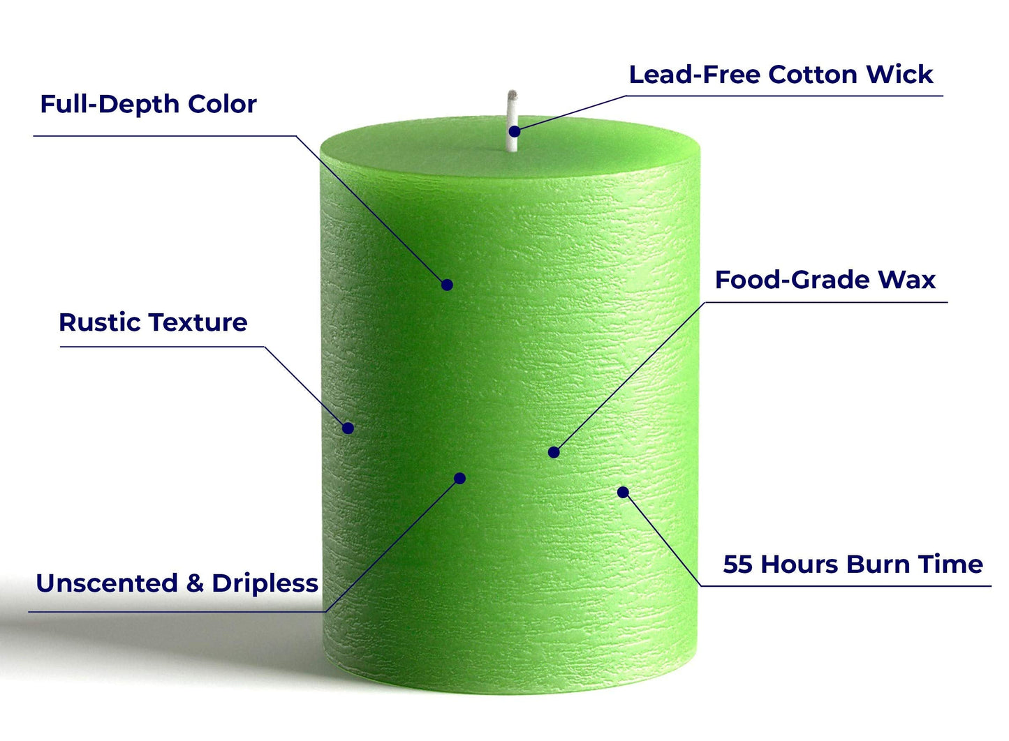 Melt Candle Company Set of 3 Pillar Candles 3" x 4" Unscented Handpoured Weddings, Home Decoration, Restaurants, Spa, Church Smokeless Cotton Wick - Green