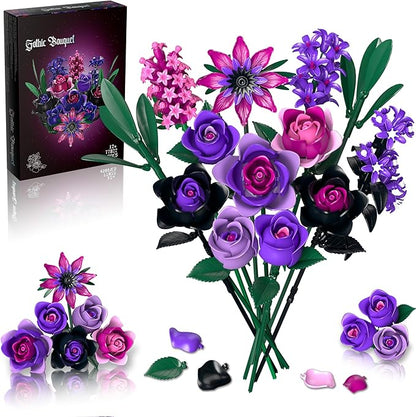 Purple Rose Bouquet Building Set: Compatible with Lego Flowers for Adults Women Gothic Artificial Botanical Collection Halloween Christmas Valentine's Gifts Home Decor