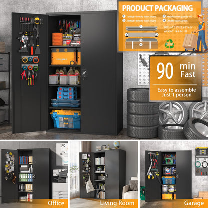 Upgraded Tall & Wide Metal Storage Cabinet with Doors & 4 Adjustable Shelves | Heavy-Duty Black Lockable Garage Cabinet with Wheels & Pegboard for Office, Gym, Basement, Warehouse (Black)