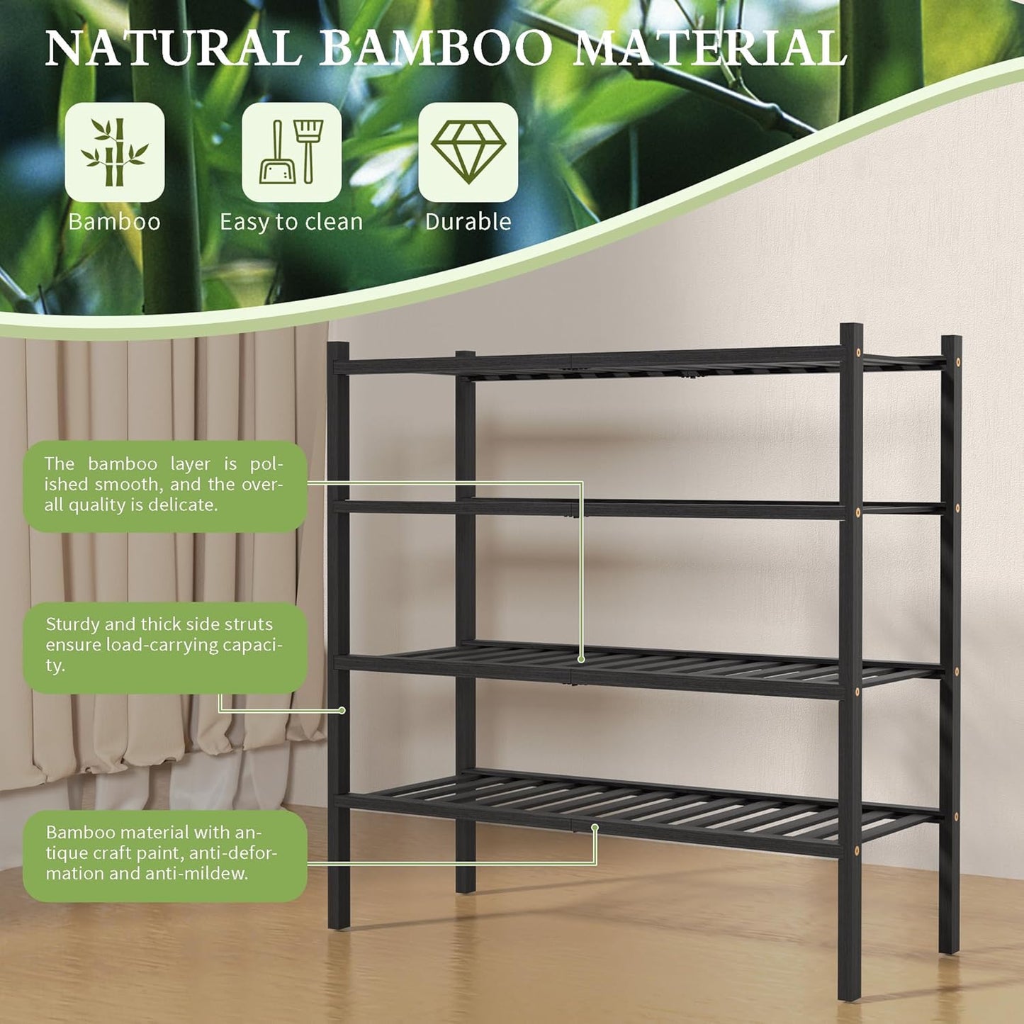 ROMGUAR CRAFT 4-Tier Bamboo Shoe Rack - Free Standing Wood Shelf for Small Spaces | 27"x11"x26" (Black)