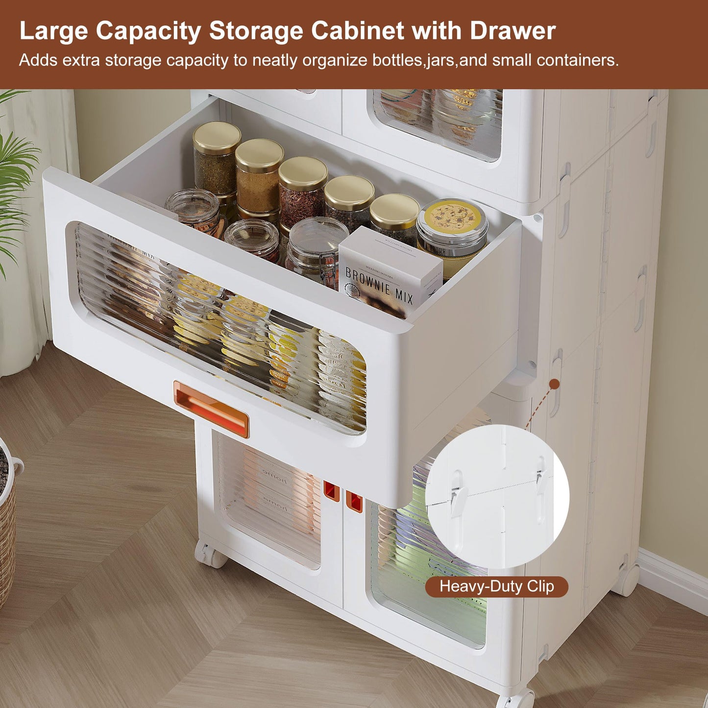 VECELO 226QT Stackable Storage Bins with Lids, Large Collapsible Storage Bins with Drawer and Movable Wheels, Adjustable Shelves, Anti-Tip, for Living Room, Bedroom, Kitchen, White