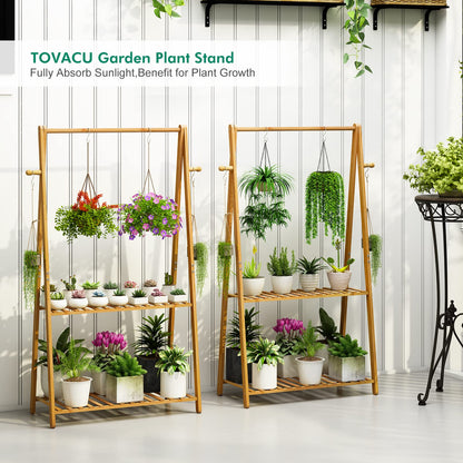 Tovacu Hanging Plant Shelf Indoor Outdoor Plant Stands Wood Flower Stand 2 Tiered Bamboo Plant Shelves Holder Rack for Patio Balcony Garden (Tall,50 inch)