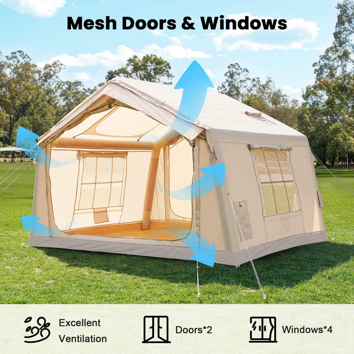 Inflatable Tents for Camping, Blow Up Tent for Camping Adults 4-6 People, Inflatable Hot Tent with Stove Jack & AC Ports, Glamping Tents for Outdoors, Easy Setup with Air Pump