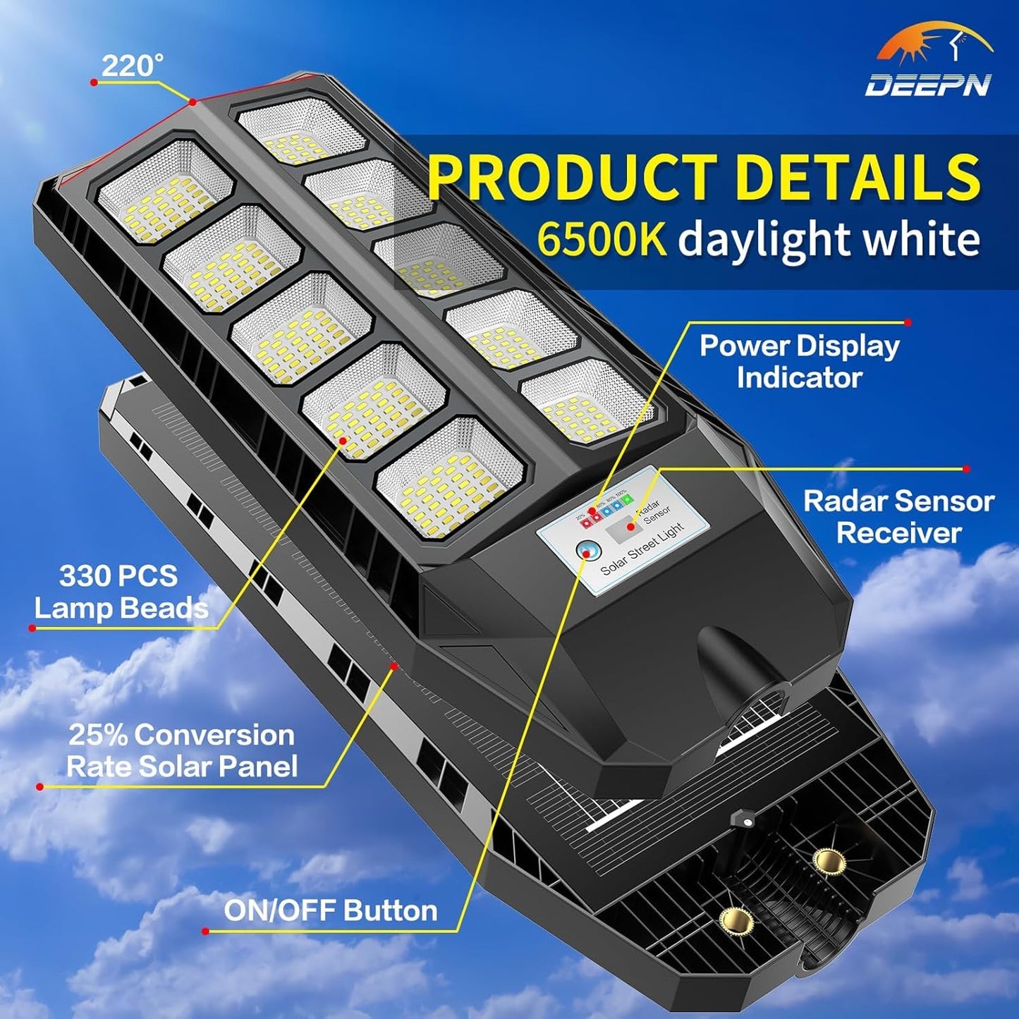 Deepn Solar Lights Outdoor, 7000W Solar Street Lights Outdoor with Motion Sensor, IP66 Waterproof Street Area Security Lights with Remote, Dusk to Dawn Solar Flood Lights for Garage Outside, 3 Pack