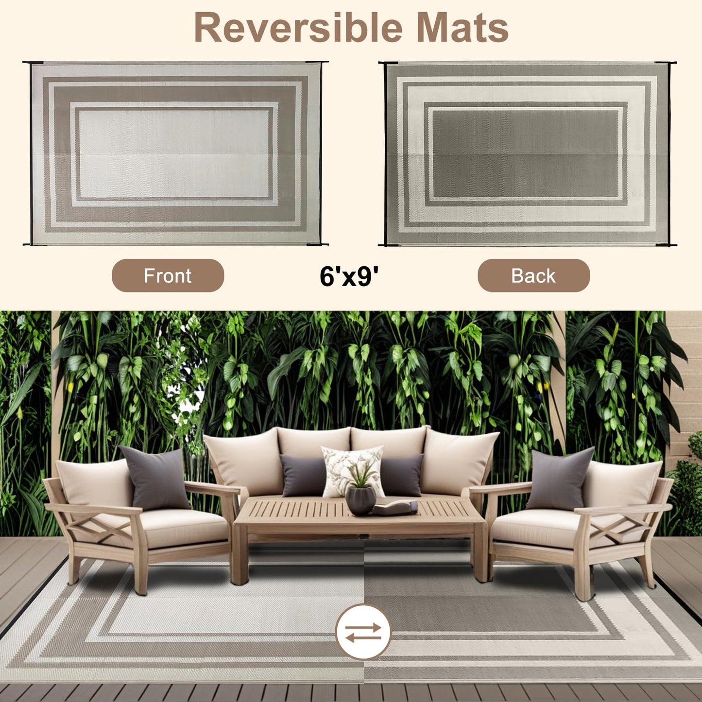 Outdoor Rugs for Patio, Waterproof Plastic Outdoor Rug, Square Outside Rug 6x9 ft, Geometric Area Rug, Outdoor Mat Carpet for Porch, Deck, Balcony, Picnic, Beach, Camper, RV, Bordered01-Gray & Brown