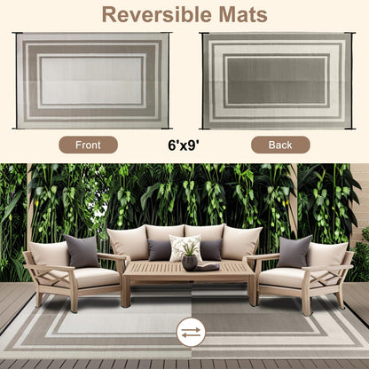 Outdoor Rugs for Patio, Waterproof Plastic Outdoor Rug, Square Outside Rug 6x9 ft, Geometric Area Rug, Outdoor Mat Carpet for Porch, Deck, Balcony, Picnic, Beach, Camper, RV, Bordered01-Gray & Brown