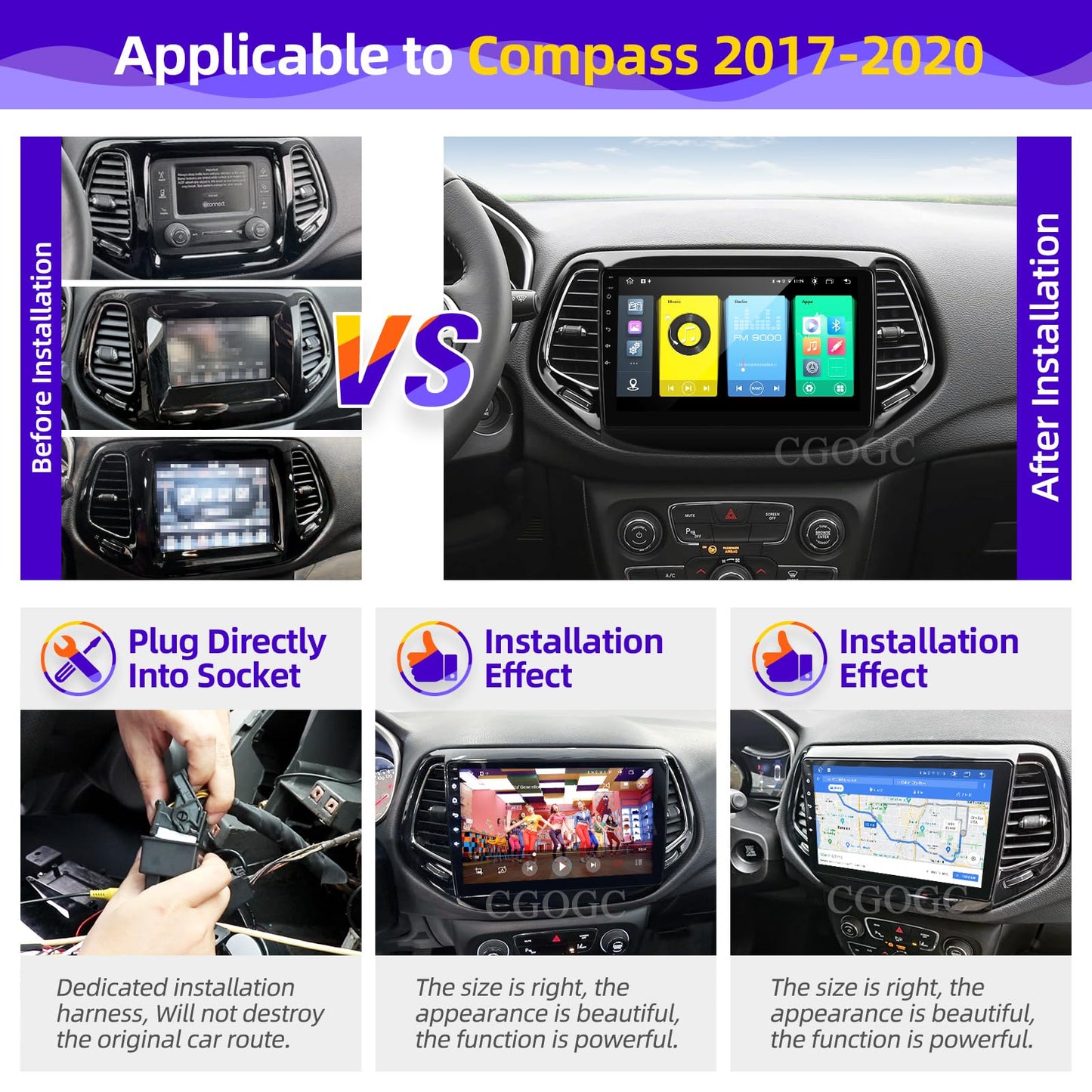 CGOGC for Jeep Compass 2017-2020 Radio Compatible with Wireless Carplay Android Auto TouchScreen Car Stereo Upgrade Bluetooth GPS FM/AM WIFI Navigation Backup Camera Multimedia Player 8-Core Head Unit