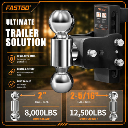 Fastgo Trailer Hitches - Fits 2" Receiver, Adjustable Trailer Hitch Ball Mount, Dual Ball (2" x 2-5/16") Tow Hitch, Drop Hitch, Truck Hitch, Anti-Theft, 5" Drop/Rise, 12500GTW