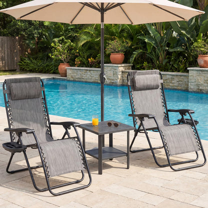 HAPPYMONT Zero Gravity Chair Set of 2, Adjustable Folding Reclining Lounge Chairs with Mesh Back, Adjustable Pillows & Cup Holder Trays, Outdoor Patio Lawn Chairs for Pool, Beach & Camping, Grey
