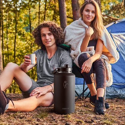 Coolflask Titan 2 Gallon Insulated Water Bottle, 256 oz Large Water Jug Stainless Steel with Leakproof Handle Spout Lid & Sleeve, Wide Mouth Metal Flask for Camping or Work, Magic Black