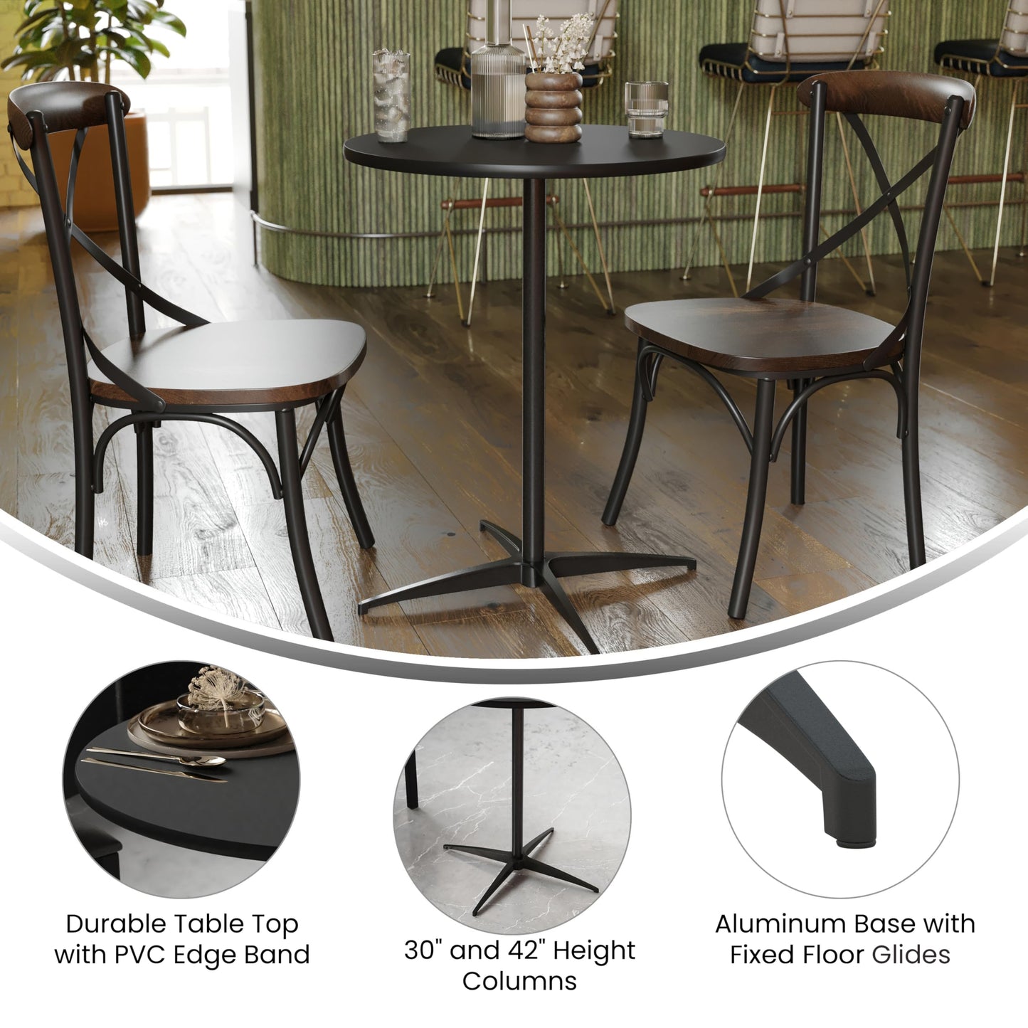 Flash Furniture Lars Black 24'' Round Wood Cocktail Table with 30'' and 42'' Columns