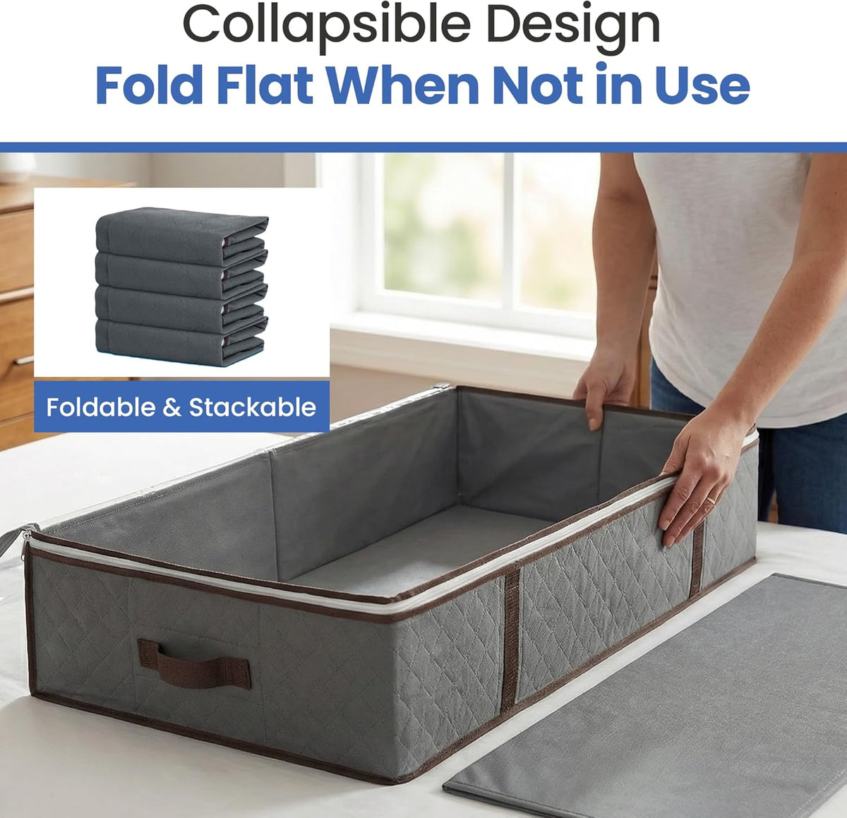 Underbed Storage Bags 4-Pack | Foldable Organizer for Clothes, Blankets & More - Ideal for Dorms (Grey)