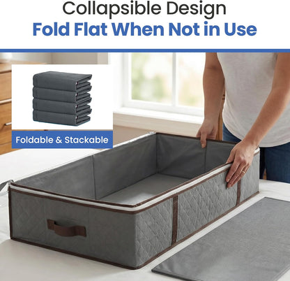 Underbed Storage Bags 4-Pack | Foldable Organizer for Clothes, Blankets & More - Ideal for Dorms (Grey)