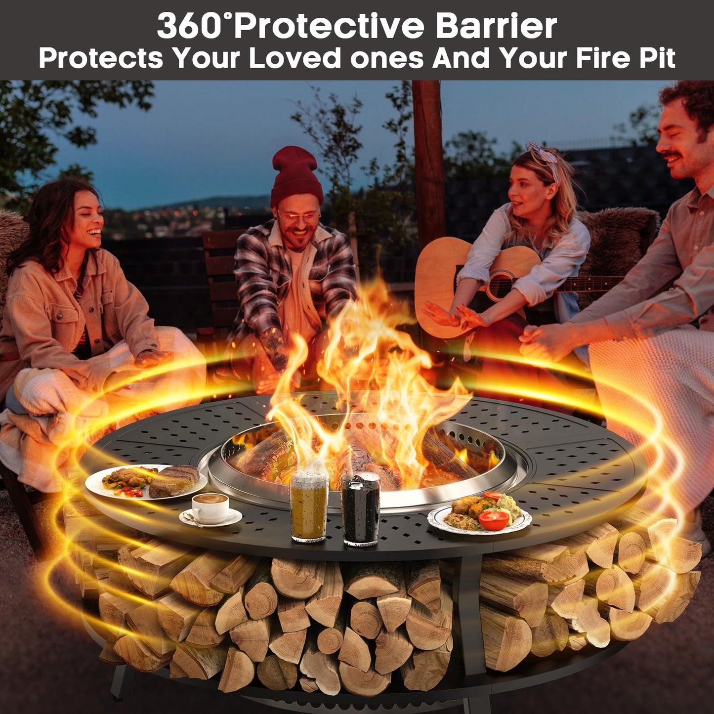Uniflasy 48" Fire Pit Surround Tabletop for Solo Stove Yukon, Bonfire & Tiki, Portable Protective Barrier Equal Width Design with Firewood Storage Shelf for Safety & Extra Space, Outdoor FirePit Table