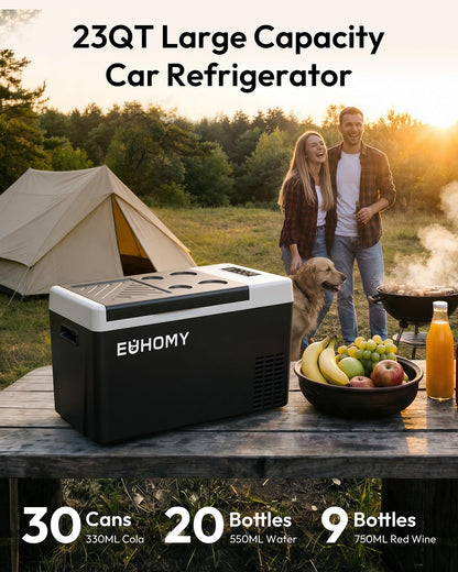 EUHOMY 12 Volt Refrigerator, 23QT(22L) Compressor Electric Cooler APP Control, Car Fridge -4℉~68℉, Portable Refrigerator 12/24V DC 100-240V AC, Portable Freezer for Camping, Boat, Travel