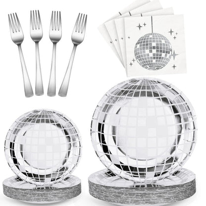 Tanlade 200 Pcs Disco Ball Party Supplies Disco Plates and Napkins Silver Tableware Set for 70s 80s 90s Birthday Rock Roll Dance Music Party 50 Guests