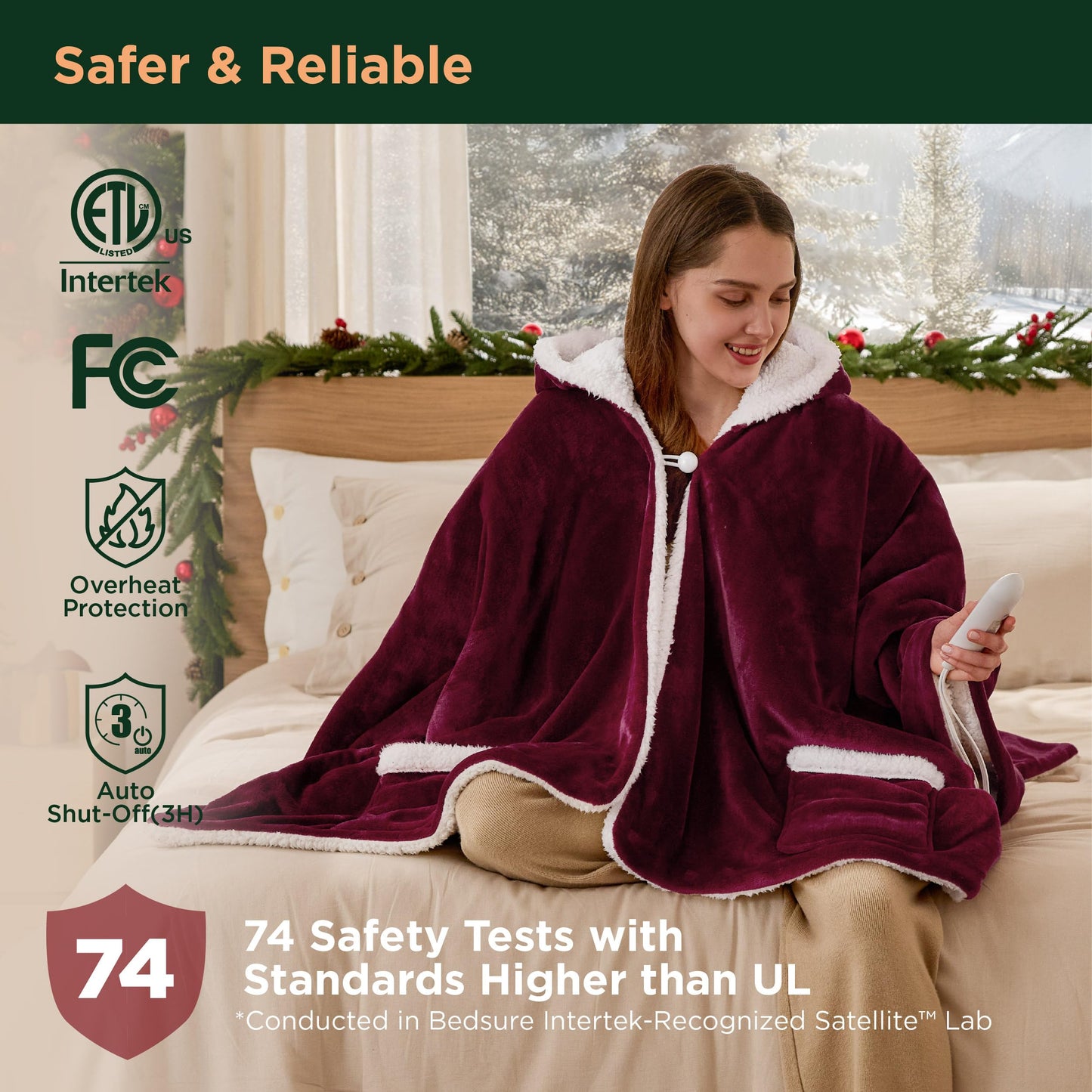 Bedsure Heated Blanket Wearable Shawl - Electric Wrap Poncho Blanket Hoodie for Adult, Birthday Gifts for Mom Women, Sherpa Heating Throw with 4 Time Settings & 6 Heat Settings, 55x64 inches, Grey