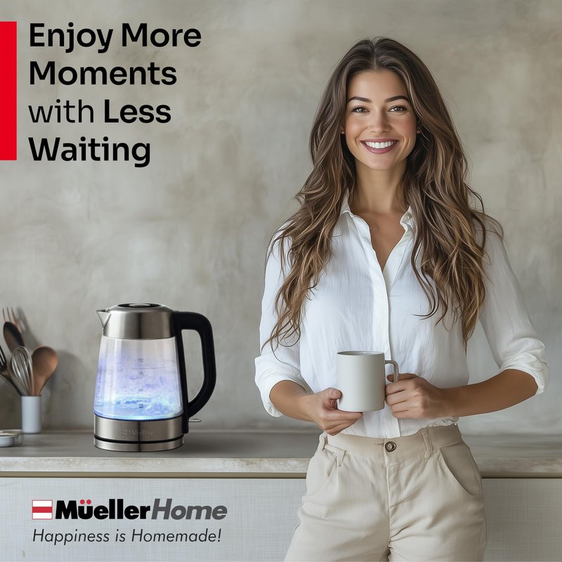 MUELLER HOME Rapid Boil Electric Tea Kettle 1.8L – Borosilicate Glass & Stainless Steel – BPA-Free Hot Water Boiler, LED Light, Auto Shut-Off, Boil Dry Protection Fast Water Heater, Kitchen Appliances