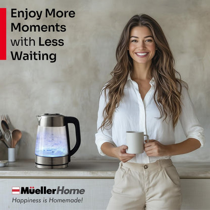 MUELLER HOME Rapid Boil Electric Tea Kettle 1.8L – Borosilicate Glass & Stainless Steel – BPA-Free Hot Water Boiler, LED Light, Auto Shut-Off, Boil Dry Protection Fast Water Heater, Kitchen Appliances