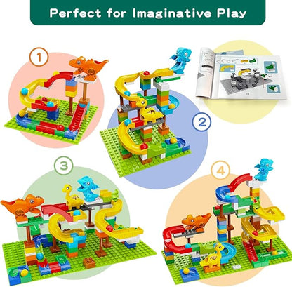 Dinosaur Marble Run Building Blocks STEM Toys for Kids Ages 3-8 | 127 Pcs Construction Set with 3 Dinos &amp Ball Run Track 4 in 1 Modular Design Learning Toys for Boys Girls Christmas Birthday Gif
