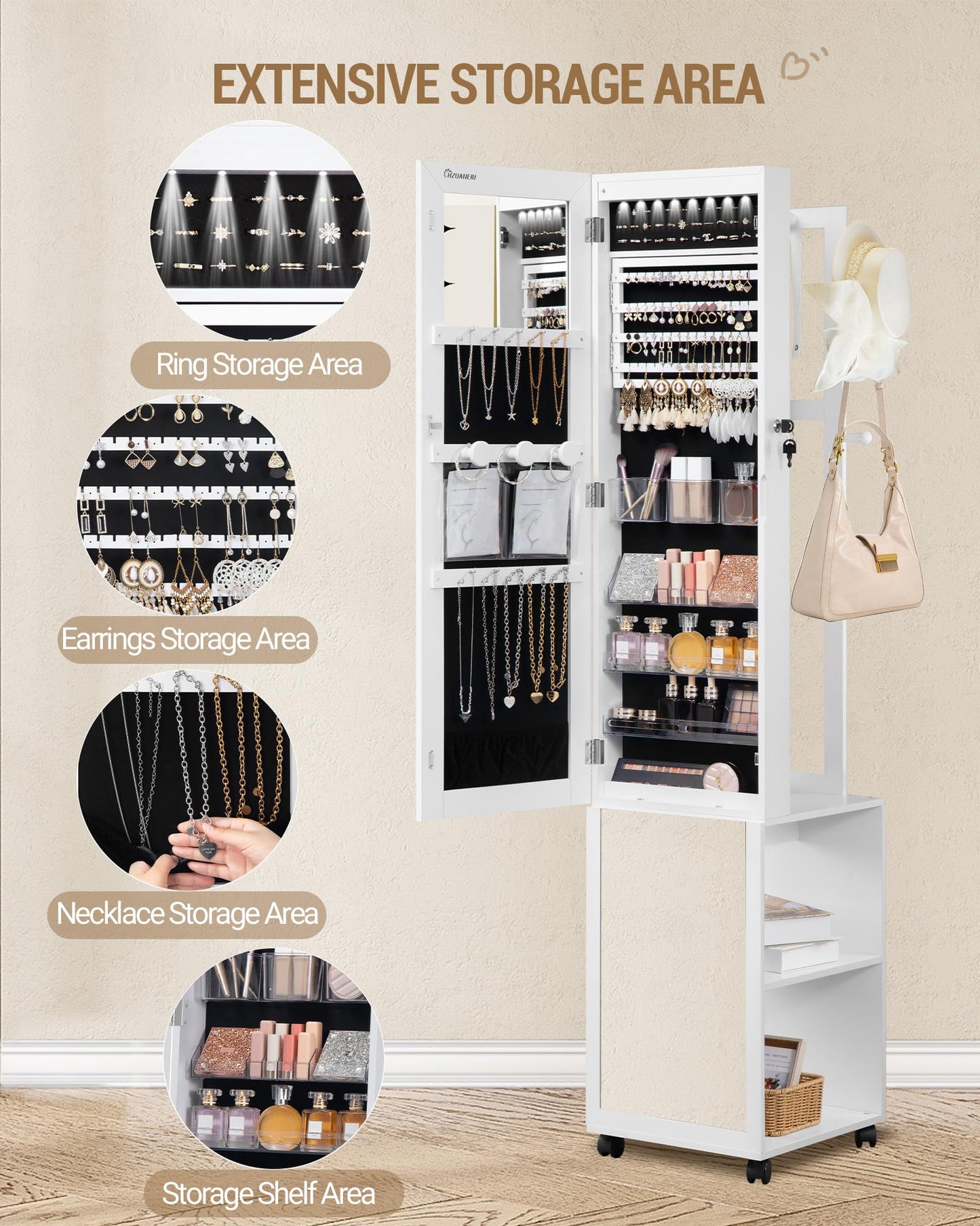 Hzuaneri 8 LEDs Jewelry Cabinet Armoire, 66.9-inch Jewelry Organizer with Garment Rack, Lockable Full-length Mirror with 4 Wheels, Storage Shelves with Hooks, 5-in-1, White and Beige JC17003B