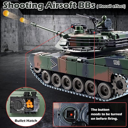 1:18 RC Tank 2.4G US M1A2 Metal Alloy Metal US M26 Remote Control Tank That Shoot BBS Model Toys Army Toy with Smoke Lights Sound and RecoilMilitary RC Vehicle for Adults and Kids Age 6+