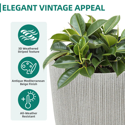 Ultym 19" Tall Beige Fluted Planters for Indoor & Outdoor, Set of 2 Large Mediterranean-Style Resin Flower Pots with Drainage Holes, UV & Weather Resistant for Patio Porch Home Office Decor