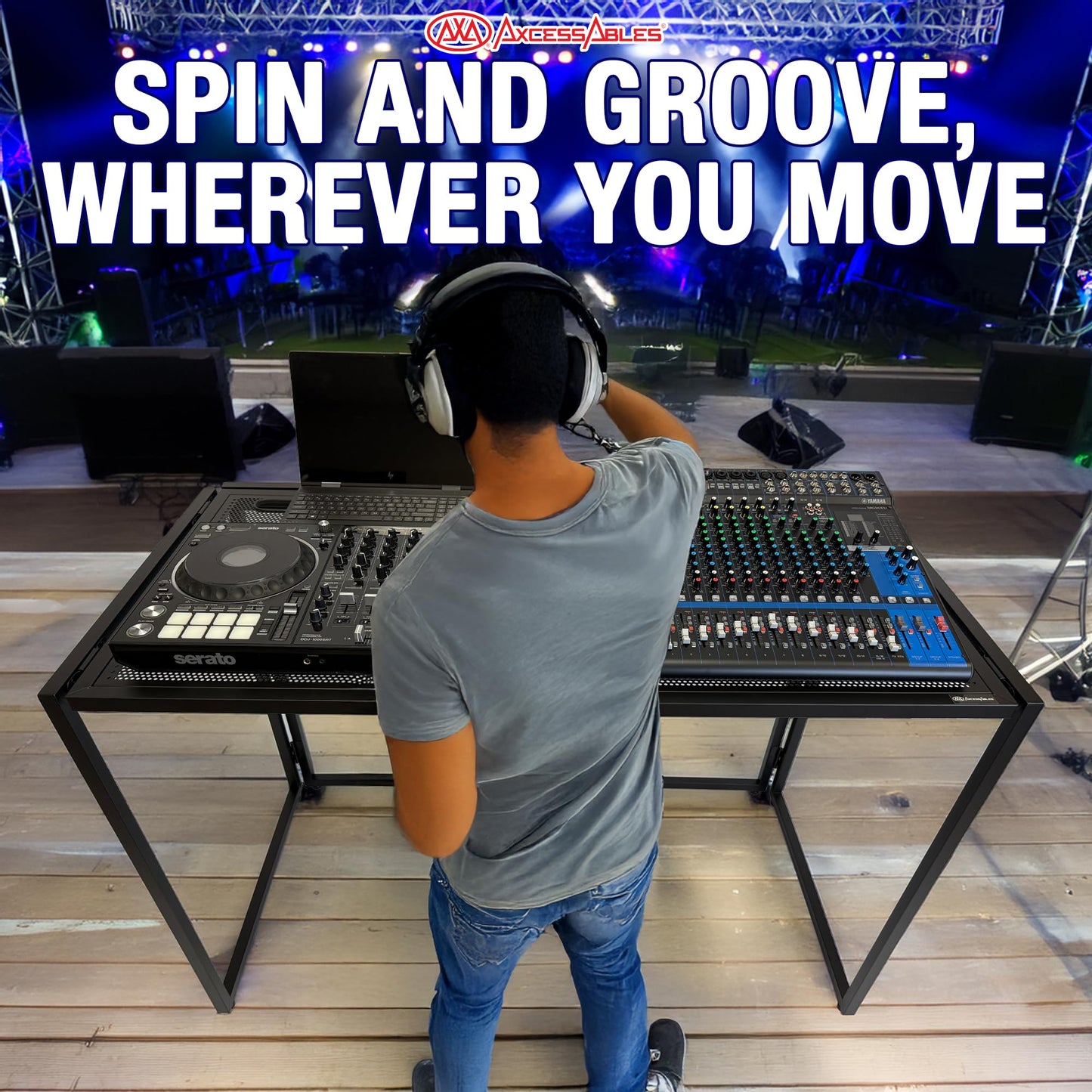 AxcessAbles Portable DJ Table XL – 54” x 27” Music Workstation | 35” Standing Height, 400lb Capacity | Collapsible FOH Sound Desk for DJs, Mixing Consoles, Guitar Techs| Recording Desk | DJ Booth