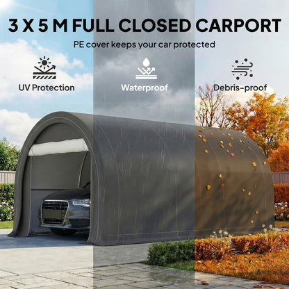 Outsunny 10' x 16' Carport, Heavy Duty Portable Garage Storage Tent with Large Zippered Door, Anti-UV PE Canopy Cover for Car, Truck, Boat, Motorcycle, Bike, Garden Tools, Outdoor Work, Gray