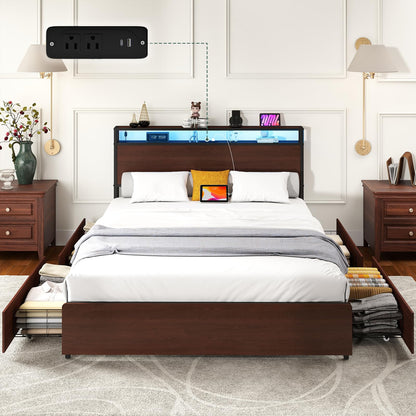 Zevemomo Full Size Bed Frame with 4 Storage Drawers, Full Platform Bed Frames with 2 Tier Storage Headboard, Charging Station, Adjustable LED Light, Noise-Free, No Box Spring Required, Reddish Brown