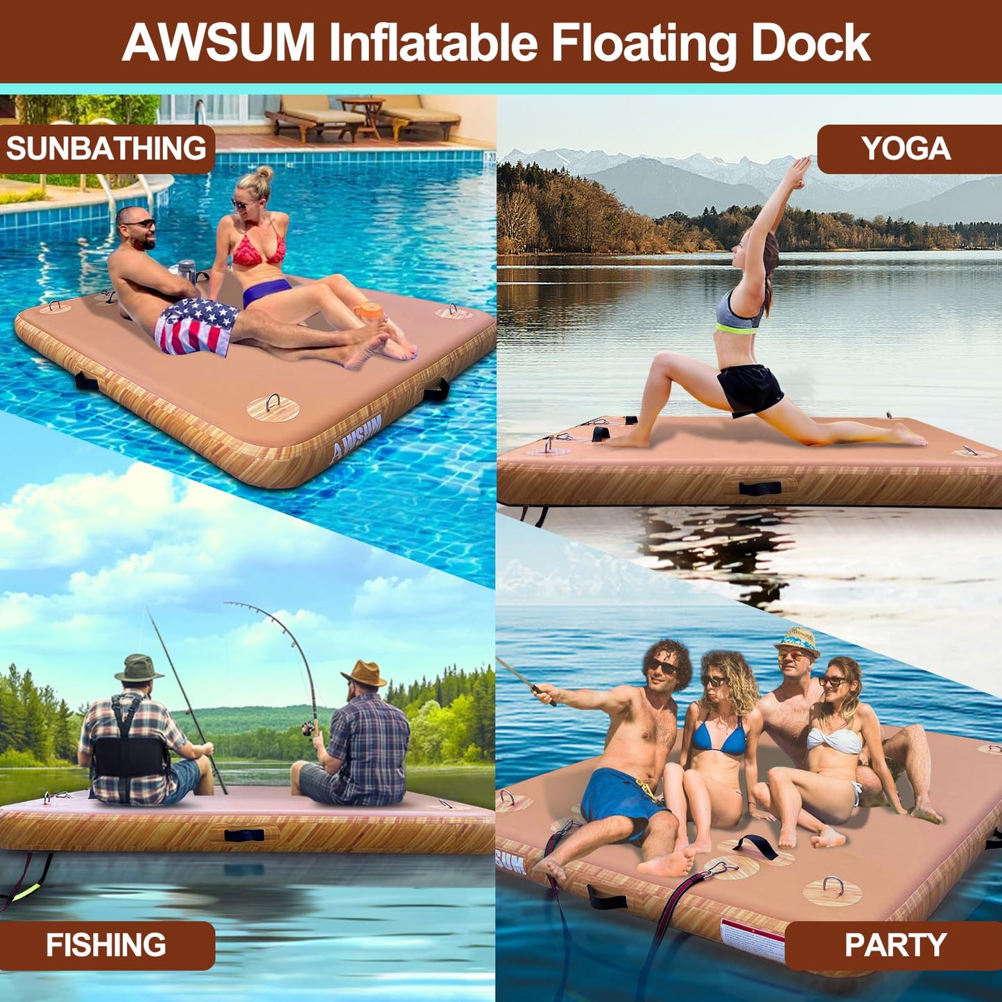AWSUM Inflatable Floating Dock for Lakes, 5ft x 6ft Water Air Mat Inflatable Island Swim Platform with Non-Slip Wood Surface for Pool Beach Ocean